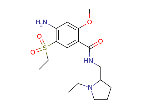 71675-85-9,Amisulpride,4-Amino-N-((1-ethyl-2-pyrrolidinyl)methyl)-5-(ethylsulfonyl)-o-anisamide;Aminosultopride;4-amino-N-[(1-ethylpyrrolidin-2-yl)methyl]-5-ethylsulfonyl-2-methoxy-benzamide;Amisulprida [INN-Spanish];Benzamide, 4-amino-N-((1-ethyl-2-pyrrolidinyl)methyl)-5-(ethylsulfonyl)-2-methoxy-;Benzamide,4-amino-N-[(1-ethyl-2- pyrrolidinyl)methyl]-5-(ethylsulfonyl)-2- methoxy-;4-Amino-N-((1-ethyl-2-pyrrolidinyl)methyl)-5-(ethylsulfonyl)-2-anisamid;4-Amino-N-((1-ethyl-2-pyrrolidinyl)methyl)-5-(ethylsulfonyl)-2-methoxybenzamide;Amisulpridum [INN-Latin];Solian;DAN 2163;Methyl ammonia mosapride;