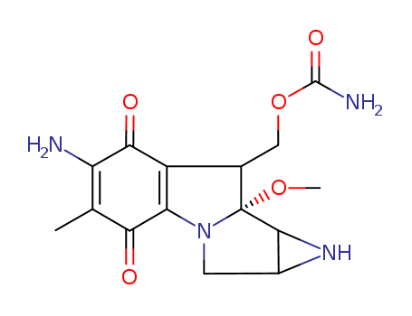 50-07-7,Mitomycin C,Azirino[2',3':3,4]pyrrolo[1,2-a]indole-4,7-dione,6-amino-8-[[(aminocarbonyl)oxy]methyl]-1,1a,2,8,8a,8b-hexahydro-8a-methoxy-5-methyl-,(1aS,8S,8aR,8bS)-;Mitomycin C (6CI,7CI);Ametycine;MMC;MitoExtra;Mitomycin;Mitonco;Mitoplus;Mytomycin Kyowa S;NSC26980;Mito-C;A0049  1,4-Dihydroxy-2-tetraprenylbenzene derivative;