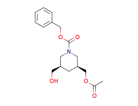 Molecular Structure of 206761-38-8 (1-Piperidinecarboxylic acid, 3-[(acetyloxy)methyl]-5-(hydroxymethyl)-,
phenylmethyl ester, (3S,5R)-)