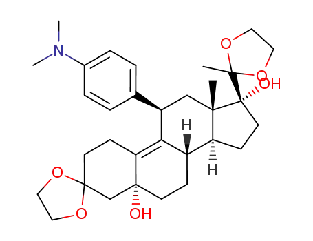 Molecular Structure of 126690-41-3 ((5a,11b)-11-[4-(Dimethylamino)phenyl]-5,17-dihydroxy-19-norpregn-9-ene-3,20-dione cyclic bis(1,2-ethanediyl acetal))