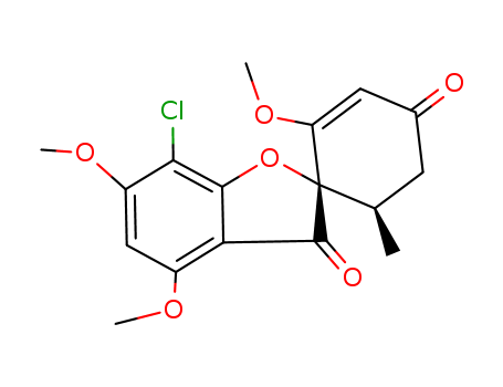 126-07-8,(+)-Griseofulvin,Spiro[benzofuran-2(3H),1'-[2]cyclohexene]-3,4'-dione,7-chloro-2',4,6-trimethoxy-6'-methyl-, (1'S-trans)-;7-Chloro-2',4,6-trimethoxy-6'b-methylspiro[benzofuran-2(3H),1'-[2]cyclohexene]-3,4'-dione;Amudane;Curling factor;Fulcin;Fulvicin;Fulvicin P/G;Fulvicin U/F;Fulvidex;Fulvina;Fulvinil;Fulvistatin;Gricin;Grifulin;Grifulvin;Gris-PEG;Grisactin;Grisefulin;Griseofulvin, (+)-;Grisofulvin;Grisovin;Grysio;Idifulvin;Likuden;Polygris;Poncyl;Spirofulvin;Xuanjing;