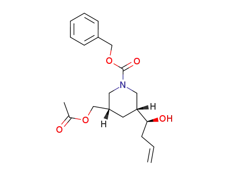 Molecular Structure of 667940-16-1 (1-Piperidinecarboxylic acid,
3-[(acetyloxy)methyl]-5-[(1S)-1-hydroxy-3-butenyl]-, phenylmethyl ester,
(3S,5R)-)