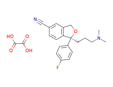 219861-08-2,Escitalopram oxalate,Escitapram;S-(+)-1-[3-(dimethyl-amino)propyl]-1-(p-fluorophenyl)-5-phthalancarbonitrile oxalate;S-Citalopram Oxalate(escitalopram oxalate);(S)-Citalopram oxalate;5-Isobenzofurancarbonitrile, 1-(3-(dimethylamino)propyl)-1-(4-fluorophenyl)-1,3-dihydro-, (1S)-, ethanedioate (1:1);Lexapro;(1R)-1-(3-dimethylaminopropyl)-1-(4-fluorophenyl)-3H-isobenzofuran-5-carbonitrile; oxalic acid;Lu 26-054-0;