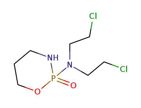 50-18-0,Cyclophosphamide,2H-1,3,2-Oxazaphosphorine,2-[bis(2-chloroethyl)amino]tetrahydro-, 2-oxide (6CI,8CI);(RS)-Cyclophosphamide;2-[Bis(2-chloroethyl)amino]tetrahydro-2H-1,3,2-oxazaphosphorin 2-oxide;Bis(2-chloroethyl)phosphoramide cyclic propanolamide ester;CB 4564;CY;Clafen;Claphene;Cycloblastin;Cyclophosphamid;Cyclophosphan;Cyclophosphane;Cyclostin;Cytophosphan;Cytoxan;Endoxan;Endoxan R;Endoxan-Asta;Endoxana;Endoxanal;Endoxane;Enduxan;Genoxal;Mitoxan;N,N-Bis(b-chloroethyl)-N',O-trimethylenephosphoricacid ester diamide;Neosar;Neosar (antineoplastic);Procytox;Revimmune;SK 20501;Semdoxan;Sendoxan;Senduxan;Zyklophosphamid;
