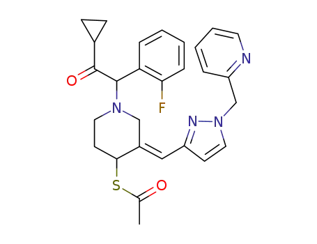 (E)-4-(acetylsulfanyl)-1-[2-cyclopropyl-1-(2-fluorophenyl)-2-oxoethyl]-3-((1-[(2-pyridyl)methyl]-1H-pyrazol-3-yl)methylidene)piperidine
