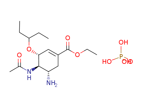 204255-11-8,Oseltamivir phosphate,Oseltamivir Phosphate [USAN];ethyl (3R,4R,5S)-4-acetamido-5-amino-3-pentan-3-yloxy-cyclohexene-1-carboxylate; phosphoric acid;GS4104;Ro-64-0796;Ethyl (3R,4R,5S)-4-acetamido-5-amino-3-(1-ethylpropoxy)-1-cyclohexene-1-carboxylate phosphate (1:1);Tamiflu (TN);GS4071;Tamiflu (*Phosphate salt 1:1*);1-Cyclohexene-1-carboxylic acid, 4-(acetylamino)-5-amino-3-(1-ethylpropoxy)-, ethyl ester, (3R,4R,5S)-, phosphate (1:1);Oseltamivir phosphate (JAN/USAN);