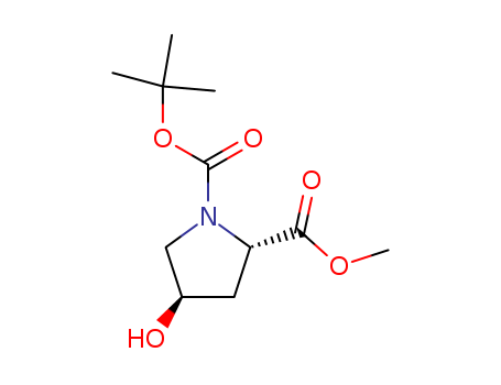 74844-91-0,N-Boc-trans-4-Hydroxy-L-proline methyl ester,1,2-Pyrrolidinedicarboxylicacid, 4-hydroxy-, 1-(1,1-dimethylethyl) 2-methyl ester, (2S-trans)-;(2S,4R)-1-tert-Butoxycarbonyl-4-hydroxypyrrolidine-2-carboxylic acid methylester;1-tert-Butyl 2-methyl (2S,4R)-4-hydroxy-1,2-pyrrolidinedicarboxylate;1-tert-Butyl 2-methyl 4(R)-hydroxypyrrolidine-1,2(S)-dicarboxylate;Methyl(2S,4R)-1-(tert-butoxycarbonyl)-4-hydroxypyrrolidine-2-carboxylate;Methyl(4R)-N-Boc-4-hydroxy-L-prolinate;N-(tert-Butoxycarbonyl)-(2S,4R)-4-hydroxyproline methyl ester;N-tert-Butoxycarbonyl-L-hydroxyprolinemethyl ester;tert-Butyl(2S,4R)-2-(methoxycarbonyl)-4-hydroxypyrrolidine-1-carboxylate;Boc-Hyp-OMe;