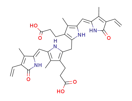 Molecular Structure of 36284-06-7 (2,18-Divinyl-1,10,19,22,23,24-hexahydro-3,7,13,17-tetramethyl-1,19-dioxo-21H-biline-8,12-dipropionic acid)