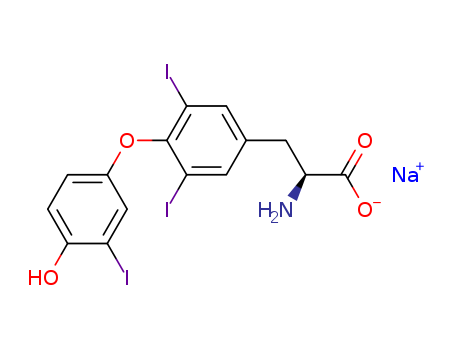 55-06-1,Liothyronine sodium,Alanine,3-[4-(4-hydroxy-3-iodophenoxy)-3,5-diiodophenyl]-, monosodium salt, L- (8CI);L-Tyrosine, O-(4-hydroxy-3-iodophenyl)-3,5-diiodo-, monosodium salt (9CI);3,3',5-Triiodo-L-thyronine sodium salt;3,3',5-Triiodothyronine sodium salt;3,5,3'-Triiodo-L-thyronine monosodium salt;Basoprocin;Cynomel;Cyomel;Cytobin;Cytomel;Cytomel sodium;Cytomine;Ibiothyron;L-Triiodothyroninesodium salt;Liothyroniinde sodium salt;Liothyroninesodium;Sodium 3,3',5-triiodo-L-thyronine;Sodium 3,5,3'-triiodothyronine;Sodium L-3,3',5-triiodothyronine;Sodium L-triiodothyronine;Sodium T3;Sodiumliothyronine;Sodium triiodo-L-thyronine;Sodium triiodothyronine;T3 Sodiumsalt;Tertroxin;Triiodothyronine sodium salt;Triostat;Triothyrone;