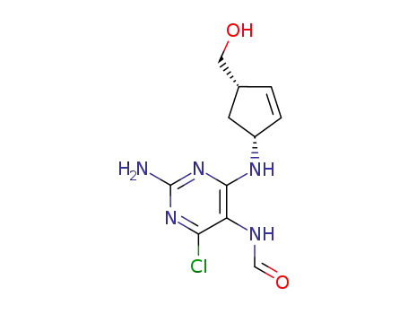 Molecular Structure of 171887-04-0 (N-[2-Amino-4-chloro-6-[[(1R,4S)-4-(hydroxymethyl)-2-cyclopenten-1-yl]amino]-5-pyrimidinyl]formamide)