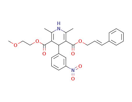 132203-70-4,Cilnidipine,Cinalong;2-methoxyethyl cinnamyl 2,6-dimethyl-4-(3-nitrophenyl)-1,4-dihydropyridine-3,5-dicarboxylate;Atelec;Cilnidipine (JAN);3,5-Pyridinedicarboxylic acid, 1,4-dihydro-2,6-dimethyl-4-(3-nitrophenyl)-, 2-methoxyethyl 3-phenyl-2-propenyl ester, (E)-(+-)-;Clinidipine (+-)-;(+-)-(E)-Cinnamyl 2-methoxyethyl 1,4-dihydro-2,6-dimethyl-4-(m-nitrophenyl)-3,5-pyridinedicarboxylate;Siscard;Atelec (TN);FRC 8653;Choriogonadotropin [alpha-subunit];