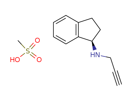 161735-79-1,Rasagiline mesylate,R-(+)-Rasagiline mesylate;methanesulfonic acid; (1R)-N-prop-2-ynyl-2,3-dihydro-1H-inden-1-amine;Rasagiline methanesulfonate;1H-Inden-1-amine, 2,3-dihydro-N-2-propynyl-, (R)-, methanesulfonate;(R)-N-2-Propynyl-1-indanamine methanesulfonate;(R)-N-(prop-2-ynyl)-2,3-dihydro-1H-inden-1-amine methanesulfonate;