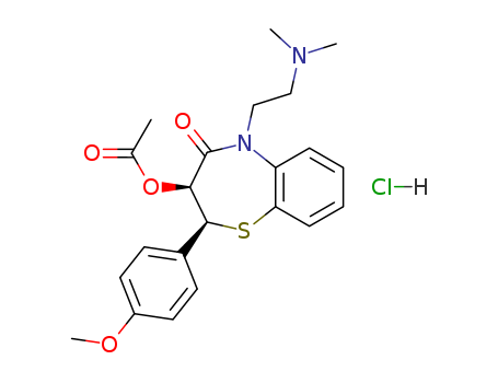 33286-22-5,Dilthiazem hydrochloride,1,5-Benzothiazepin-4(5H)-one,3-(acetyloxy)-5-[2-(dimethylamino)ethyl]-2,3-dihydro-2-(4-methoxyphenyl)-,monohydrochloride, (2S,3S)- (9CI);1,5-Benzothiazepin-4(5H)-one,3-(acetyloxy)-5-[2-(dimethylamino)ethyl]-2,3-dihydro-2-(4-methoxyphenyl)-,monohydrochloride, (2S-cis)-;(+)-Diltiazem hydrochloride;(2S,3S)-(+)-cis-Diltiazem hydrochloride;(S,S)-Diltiazem hydrochloride;Adizem;Altiazem;Anginyl;Blocalcin 60;Britiazim;CRD401;Calcicard;Cardizem SR;Dilacor XR;Diladel;Dilcardia;Dilgard;Dilzene;d-cis-3-Acetoxy-2,3-dihydro-5-[2-(dimethylamino)ethyl]-2-(p-methoxyphenyl)-1,5-benzothiazepin-4(5H)-onehydrochloride;d-cis-Diltiazem hydrochloride;
