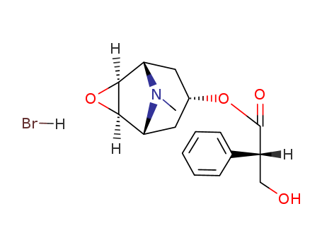 114-49-8,Scopolamine hydrobromide,1aH,5aH-Tropan-3a-ol, 6b,7b-epoxy-, (-)-tropate (ester), hydrobromide (8CI);Benzeneacetic acid, a-(hydroxymethyl)-, (1a,2b,4b,5a,7b)-9-methyl-3-oxa-9-azatricyclo[3.3.1.02,4]non-7-ylester, hydrobromide, (aS)- (9CI);Benzeneacetic acid, a-(hydroxymethyl)-, 9-methyl-3-oxa-9-azatricyclo[3.3.1.02,4]non-7-ylester, hydrobromide, [7(S)-(1a,2b,4b,5a,7b)]-;Scopolamine bromide (6CI);(-)-Hyoscinehydrobromide;(-)-Scopolamine bromide;(-)-Scopolamine hydrobromide;Beldavrin;Euscopol;Hydroscine hydrobromide;Hyocine F hydrobromide;Hyoscine bromide;Hyoscine hydrobromide;Hysco;Isoscopil;Kwells;Scopamin;Scopolaminehydrobromide;Scopolaminium bromide;Scopolammonium bromide;Scopos;Sea Legs;Sereen;Triptone;Wellcome Brand Scopolamine hydrobromide Injection;l-Hyoscinehydrobromide;l-Scopolamine hydrobromide;