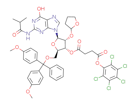 Succinic acid (2R,3R,4R,5R)-2-[bis-(4-methoxy-phenyl)-phenyl-methoxymethyl]-5-(6-hydroxy-2-isobutyrylamino-purin-9-yl)-4-(tetrahydro-furan-2-yloxy)-tetrahydro-furan-3-yl ester pentachlorophenyl ester