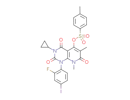 Molecular Structure of 871700-32-2 (3-cyclopropyl-1-(2-fluoro-4-iodophenyl)-6,8-dimethyl-2,4,7-trioxo-1,2,3,4,7,8-hexahydropyrido[2,3-d]pyrimidin-5-yl 4-methylbenzenesulfonate)