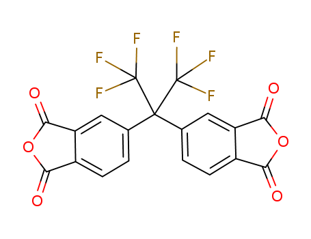 1107-00-2,4,4'-(Hexafluoroisopropylidene)diphthalic anhydride,Hexafluoroisopropylidene-2,2-bis(phthalic anhydride);[2,2,2-Trifluoro-1-(trifluoromethyl)ethylidene]diphthalic anhydride;Phthalicanhydride, 4,4'-[2,2,2-trifluoro-1-(trifluoromethyl)ethylidene]di- (7CI);Phthalic anhydride, 4,4'-[trifluoro-1-(trifluoromethyl)ethylidene]di- (8CI);2,2-Bis(3,4-dicarboxyphenyl)-1,1,1,3,3,3-hexafluoropropane dianhydride;2,2-Bis(3,4-dicarboxyphenyl)hexafluoropropane dianhydride;4,4'-(Hexafluoroisopropylidene)bis(phthalic anhydride);4,4'-(Hexafluoroisopropylidene)diphthalic dianhydride;4,4'-Hexafluoroisopropylidenebis(benzene-1,2-dicarboxylic acid dianhydride);4,4'-Hexafluoroisopropylidenebisphthalic dianhydride;4,4'-Hexafluoropropylidenebisphthalic acid dianhydride;