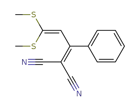 Molecular Structure of 64608-21-5 (4,4-BIS(METHYLTHIO)-2-PHENYL-1,3-BUTADIEN-1,1-DICARBONITRILE, 98)