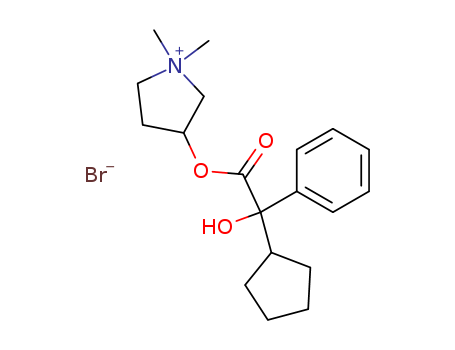 596-51-0,Glycopyrrolate,3-Hydroxy-1,1-dimethylpyrrolidiniumbromide a-cyclopentylmandelate (6CI,7CI);Pyrrolidinium, 3-[(cyclopentylhydroxyphenylacetyl)oxy]-1,1-dimethyl-, bromide(9CI);Pyrrolidinium, 3-hydroxy-1,1-dimethyl-, bromide, a-cyclopentylmandelate (8CI);1,1-Dimethyl-3-hydroxypyrrolidinium bromide a-cyclopentylmandelate;AHR-504;Asecryl;Copyrrolate;Gastrodyn;Glycopyrrolate bromide;Glycopyrronium bromide;Nodapton;Robanul;Robinul;Tarodyl;Tarodyn;b-1-Methyl-3-pyrrolidyl-a-cyclopentylmandelatemethobromide;