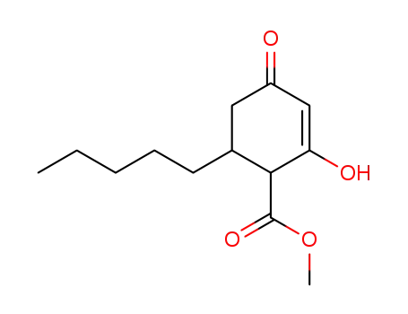 Molecular Structure of 27871-89-2 (2-Cyclohexene-1-carboxylic acid, 2-hydroxy-4-oxo-6-pentyl-, methyl
ester)