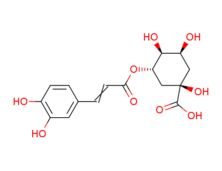 327-97-9,Chlorogenic acid,3-Caffeoylquinic acid;3-[[3-(3,4-Dihydroxyphenyl)-1-oxo-2-propenyl]oxy] 1,4,5-trihydroxycyclohexanecarboxylic acid;Chlorogenic acid (8CI);Eucommia Leaf Extract;Chlorogenate;5-O-(3,4-Dihydroxycinnamoyl)-L-quinic acid;Chlorogenic acid 98%  (UV);Green Coffee Extract;Hlorogenic acid;Cyclohexanecarboxylic acid, 3-[[3-(3,4-dihydroxyphenyl)-1-oxo-2-propenyl]oxy]-1,4,5-trihydroxy-, (1S,3R,4R,5R)-;Heriguard;Prestwick_112;Chinese Natural Herbal Health Care Medicine of Chlorogenic Acid;3-O-Caffeoylquinic acid;HoneySuchle Flower Extract;