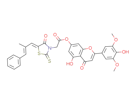 5-Hydroxy-4-oxo-2-phenyl-4H-chromen-7-yl-2-((Z)-5-((E)-2-methyl-3-phenylallylidene)-4-oxo-2- thioxothiazolidin-3-yl) acetate