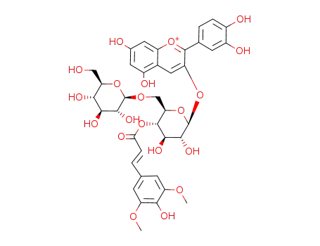 Molecular Structure of 131189-50-9 (1-Benzopyrylium,2-(3,4-dihydroxyphenyl)-3-[[6-O-b-D-glucopyranosyl-4-O-[3-(4-hydroxy-3,5-dimethoxyphenyl)-1-oxo-2-propenyl]-b-D-glucopyranosyl]oxy]-5,7-dihydroxy-(9CI))