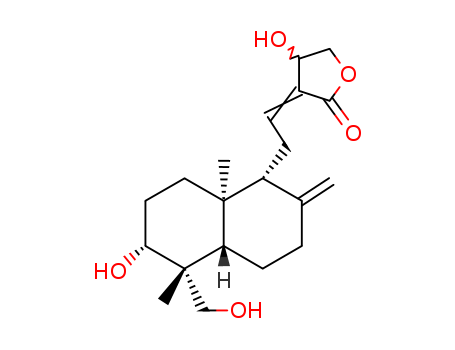 5508-58-7,Andrographolide,2(3H)-Furanone, 3-[2-[(1R,4aS,5R,6R,8aS)-decahydro-6-hydroxy-5-(hydroxymethyl)-5,8a-dimethyl-2-methylene-1-naphthalenyl]ethylidene]dihydro-4-hydroxy-, (3E,4S)-;2(3H)-Furanone, 3-(2-(decahydro-6-hydroxy-5-(hydroxymethyl)-5,8a-dimethyl-2-methylene-1-naphthalenyl)ethylidene)dihydro-4-hydroxy-, (1R-(1-alpha(E(S*)),4a-beta,5-alpha,6-alpha,8a-alpha))-;(3E)-3-[2-[(1S,8aR)-6-hydroxy-5-(hydroxymethyl)-5,8a-dimethyl-2-methylidene-decalin-1-yl]ethylidene]-4-hydroxy-oxolan-2-one;Andrographis;