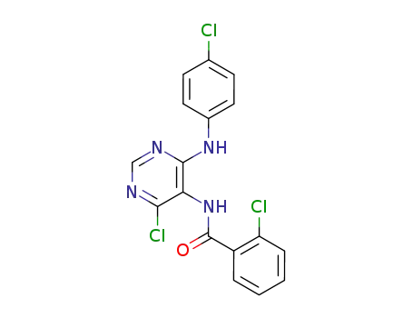 Molecular Structure of 686344-48-9 (Benzamide,
2-chloro-N-[4-chloro-6-[(4-chlorophenyl)amino]-5-pyrimidinyl]-)