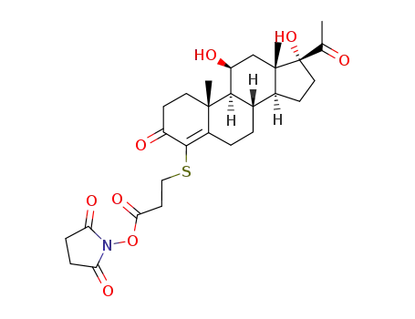 3-((8S,9S,10R,11S,13S,14S,17R)-17-Acetyl-11,17-dihydroxy-10,13-dimethyl-3-oxo-2,3,6,7,8,9,10,11,12,13,14,15,16,17-tetradecahydro-1H-cyclopenta[a]phenanthren-4-ylsulfanyl)-propionic acid 2,5-dioxo-pyrrolidin-1-yl ester