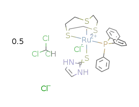 RuCl(P(C6H5)3)(C3H4N2S)(C6H12S3)(1+)*Cl(1-)*0.5CHCl3 = [RuCl(P(C6H5)3)(C3H4N2S)(C6H12S3)]Cl*0.5CHCl3