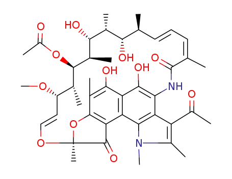 Molecular Structure of 21240-38-0 ((9S,12E,14S,15R,16S,17R,18R,19R,20S,21S)-3-acetyl-5,6,18,20-tetrahydroxy-14-methoxy-1,2,7,9,15,17,19,21,25-nonamethyl-10,26-dioxo-9,10-dihydro-1H-9,4-(epoxypentadeca[1,11,13]trienoimino)[1]benzofuro[5,4-g]indol-16-yl acetate)