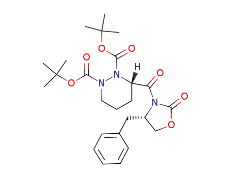 Molecular Structure of 156699-38-6 (1,2-Pyridazinedicarboxylic acid,
tetrahydro-3-[[(4S)-2-oxo-4-(phenylmethyl)-3-oxazolidinyl]carbonyl]-,
bis(1,1-dimethylethyl) ester, (3S)-)
