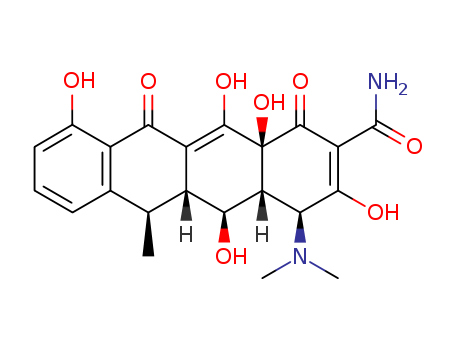 564-25-0,Doxycycline,2-Naphthacenecarboxamide,4-(dimethylamino)-1,4,4a,5,5a,6,11,12a-octahydro-3,5,10,12,12a-pentahydroxy-6-methyl-1,11-dioxo-(6CI,8CI);2-Naphthacenecarboxamide,4-(dimethylamino)-1,4,4a,5,5a,6,11,12a-octahydro-3,5,10,12,12a-pentahydroxy-6-methyl-1,11-dioxo-,[4S-(4a,4aa,5a,5aa,6a,12aa)]-;4-(Dimethylamino)-1,4,4a,5,5a,6,11,12a-octahydro-3,5,10,12,12a-pentahydroxy-6-methyl-1,11-dioxo-2-naphthacenecarboxamide;5-Hydroxy-a-6-deoxytetracycline;6-Deoxy-5-hydroxytetracycline;6-Deoxyoxytetracycline;Dentistar;Deoxymykoin;Dotur;Doximal;Doxinyl;Doxivetin;Doxy RW;Doxy-Gel;Doxycen;Doxycycline;GS 3065;Hydramycin;Liviatin;Medeomycin;Monodox;Oxytetracycline, 6-deoxy-;Pulmodox;Ronaxan;Tolexine;Unidox;Vibramycin;Vibramycine;Vibraveineuse;a-6-Deoxy-5-hydroxytetracycline;a-Doxycycline;