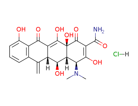 3963-95-9,Metacycline hydrochloride,2-Naphthacenecarboxamide,4-(dimethylamino)-1,4,4a,5,5a,6,11,12a-octahydro-3,5,10,12,12a-pentahydroxy-6-methylene-1,11-dioxo-,monohydrochloride (8CI);2-Naphthacenecarboxamide,4-(dimethylamino)-1,4,4a,5,5a,6,11,12a-octahydro-3,5,10,12,12a-pentahydroxy-6-methylene-1,11-dioxo-,monohydrochloride, [4S-(4a,4aa,5a,5aa,12aa)]-;6-Demethyl-6-deoxy-5-hydroxy-6-methylenetetracycline hydrochloride;6-Demethyl-6-deoxy-6-methyleneoxytetracycline monohydrochloride;6-Methylene-5-hydroxytetracycline hydrochloride;6-Methyleneoxytetracyclinehydrochloride;Adriamicina;Ciclobiotic;Germiciclin;Londomycin;Metacyclinhydrochloride;Metadomus;Methacycline monohydrochloride;Metilenbiotic;Optimycin;Physiomycine;Rindex;