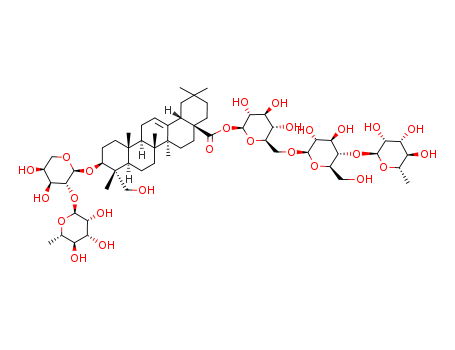 14216-03-6,Hederacoside C,Glucopyranose,O-6-deoxy-a-L-mannopyranosyl-(1;6)-, 1-ester with 3b-[[2-O-(6-deoxy-a-L-mannopyranosyl)-a-L-arabinopyranosyl]oxy]-23-hydroxyolean-12-en-28-oicacid, b-D- (8CI);2)-a-L-arabinopyranosyl)oxy]olean-12-en-28-oic acid O-a-L-rhamnopyranosyl-(1;2)-a-L-arabinopyranosylhederagenin28-O-a-L-rhamnopyranosyl-(1;Akebia saponin PK;Akeboside Sth;Glycoside L-H2;Hederacoside C;Hederasaponin C;Hederoside H1;Kalopanaxsaponin B;Kizuta saponin K12;Koronaroside B;Pericarsaponin Pk;Pulsatilla saponin F;Saponin K12;Saponin PK;Tauroside H2;