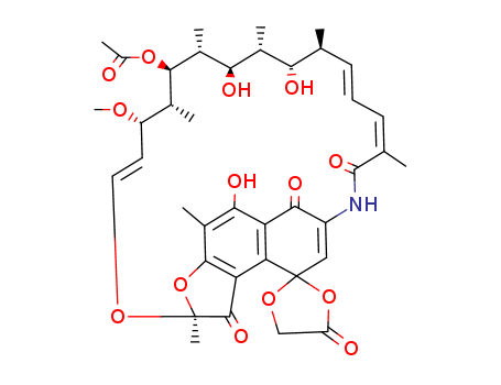 14487-05-9,Rifamycin O,Aceticacid, [(1,2,6,9-tetrahydro-5,9,17,19,21-pentahydroxy-23-methoxy-2,4,12,16,18,20,22-heptamethyl-1,6,11-trioxo-2,7-(epoxypentadeca[1,11,13]trienimino)naphtho[2,1-b]furan-9-yl)oxy]-,g-lactone, 21-acetate (7CI);Rifomycin O (6CI);Spiro[1,3-dioxolane-2,9'(6'H)-[2,7](epoxypentadeca[1,11,13]trienimino)naphtho[2,1-b]furan]-1',4,6',11'(2'H)-tetrone,5',17',19',21'-tetrahydroxy-23'-methoxy-2',4',12',16',18',20',22'-heptamethyl-,21'-acetate (8CI);Spiro[1,3-dioxolane-2,9'(6'H)-[2,7](epoxypentadeca[1,11,13]trienimino)naphtho[2,1-b]furan],rifamycin deriv.;NSC 182391;Rifamycin O;