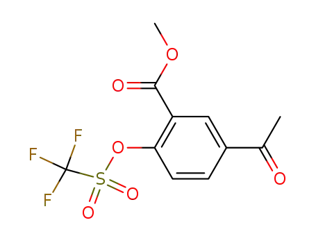 Molecular Structure of 343338-97-6 (Benzoic acid, 5-acetyl-2-[[(trifluoromethyl)sulfonyl]oxy]-, methyl ester)