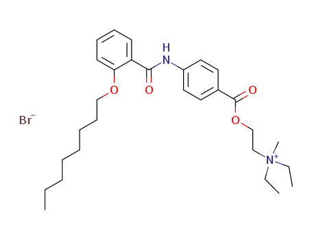 26095-59-0,Otilonium bromide,Ethanaminium,N,N-diethyl-N-methyl-2-[[4-[[2-(octyloxy)benzoyl]amino]benzoyl]oxy]-, bromide(1:1);Ammonium,diethyl(2-hydroxyethyl)methyl-, bromide, p-[o-(octyloxy)benzamido]benzoate(8CI);Benzoic acid, p-[o-(octyloxy)benzamido]-, ester withdiethyl(2-hydroxyethyl)methylammonium bromide (8CI);Otiloniumbromide;SP 63;Spasmomen;