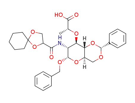 (2R)-2-((4aR,6S,7R,8R,8aS)-6-(benzyloxy)-2-phenyl-7-(1,4-dioxaspiro[4.5]decane-2-carboxamido)hexahydropyrano[3,2-d][1,3]dioxin-8-yloxy)propanoic acid