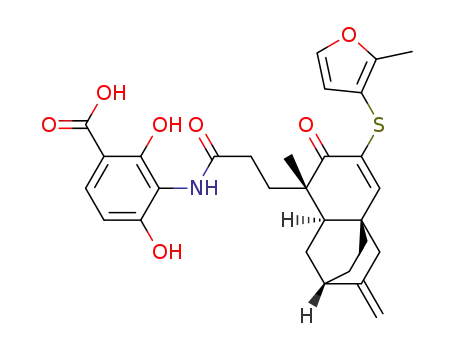 2,4-dihydroxy-3-(3-((2S,4aR,8S,8aR)-8-methyl-3-methylene-6-((2-methylfuran-3-yl)thio)-7-oxo-1,3,4,7,8,8a-hexahydro-2H-2,4a-ethanonaphthalen-8-yl)propanamido)benzoic acid