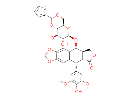 29767-20-2,Teniposide,Epipodophyllotoxin,4'-demethyl-, 9-(4,6-O-2-thenylidene-b-D-glucopyranoside) (8CI);Furo[3',4':6,7]naphtho[2,3-d]-1,3-dioxol-6(5aH)-one,5,8,8a,9-tetrahydro-5-(4-hydroxy-3,5-dimethoxyphenyl)-9-[[4,6-O-(2-thienylmethylene)-b-D-glucopyranosyl]oxy]-, [5R-[5a,5ab,8aa,9b(R*)]]-;EPT;NSC 122819;S 122819;Tenoposide;VM 26;Vehem;Vehem-Sandoz;Vumon;