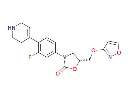 Molecular Structure of 252328-98-6 (2-Oxazolidinone,
3-[3-fluoro-4-(1,2,3,6-tetrahydro-4-pyridinyl)phenyl]-5-[(3-isoxazolyloxy)
methyl]-, (5R)-)