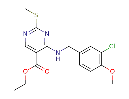 Molecular Structure of 330785-81-4 ((5-PyriMidinecarboxylicacid, 4-[[(3-chloro-4-Methoxyphenyl)Methyl]aMino]-2-(Methylthio)-,ethyl ester))