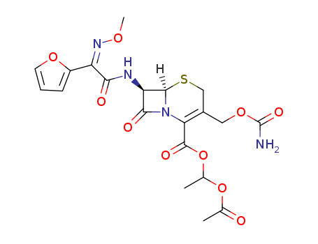 64544-07-6,Cefuroxime 1-acetoxyethyl ester,5-Thia-1-azabicyclo[4.2.0]oct-2-ene-2-carboxylicacid,3-[[(aminocarbonyl)oxy]methyl]-7-[[(2Z)-2-furanyl(methoxyimino)acetyl]amino]-8-oxo-,1-(acetyloxy)ethyl ester, (6R,7R)- (9CI);5-Thia-1-azabicyclo[4.2.0]oct-2-ene-2-carboxylic acid,3-[[(aminocarbonyl)oxy]methyl]-7-[[2-furanyl(methoxyimino)acetyl]amino]-8-oxo-,1-(acetyloxy)ethyl ester, [6R-[6a,7b(Z)]]-;Altacef;Bioracef;CCI15641;Cefaks;Cefazine;Ceftin;Cefurax;Cefuroxime axetil;Elobact;Forcef;Oraxim;Zinat;Zinnat;