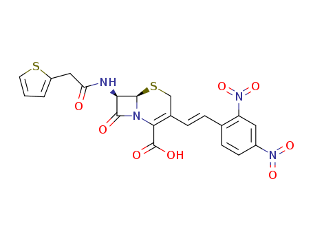 41906-86-9,NITROCEFIN,Nitrocefin [BAN];5-Thia-1-azabicyclo[4.2.0]oct-2-ene-2- carboxylic acid,3-[(1E)-2-(2,4-dinitrophenyl)- ethenyl]-8-oxo-7-[(2-thienylacetyl)amino]-,(6R,7R)-;(6R-(3(E),6alpha,7beta))-3-(2-(2,4-Dinitrophenyl)ethenyl)-8-oxo-7-((2-thienylacetyl)amino)-5-thia-1-azabicyclo(4.2.0)oct-2-ene-2-carboxylic acid;(7R)-3-((E)-2,4-Dinitrostyryl)-7-(2-thienylacetamido)-3-cephem-4-carboxylic acid;Nitrocefin;