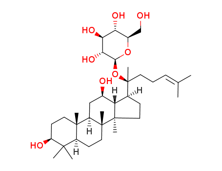 39262-14-1,(20S)-20-(β-D-Glucopyranosyloxy)dammara-24-ene-3β,12β-diol,20(S)-Protopanaxadiol 20-O-D-glucopyranoside; 20(S)-Protopanaxadiol 20-O-b-D-glucopyranoside;20-O-b-D-Glucopyranosyl-20(S)-protopanaxadiol; 20-O-b-Glucopyranosyl-20(S)-protopanaxadiol; Ginsenoside C-K;Ginsenoside IH901; GinsenosideK; Ginsenoside compound K; IH 901; Protopanaxadiol 20-O-glucoside