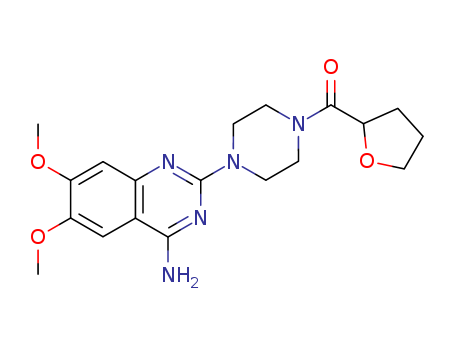 63590-64-7,Terazosin,Piperazine,1-(4-amino-6,7-dimethoxy-2-quinazolinyl)-4-[(tetrahydro-2-furanyl)carbonyl]-(9CI);1-(4-Amino-6,7-dimethoxy-2-quinazolinyl)-4-(tetrahydro-2-furoyl)piperazine;1-(4-Amino-6,7-dimethoxyquinazolin-2-yl)-4-[(2,3,4,5-tetrahydrofuran-2-yl)carbonyl]piperazine;Terazosin;Fosfomic;Vasomet;Terazosina;Terazosine;Flumarc;Blavin;