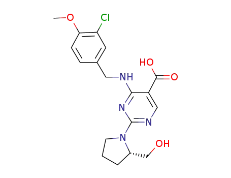 Molecular Structure of 330785-84-7 (5-PyriMidinecarboxylic acid, 4-[[(3-chloro-4-Methoxyphenyl)Methyl]aMino]-2-[(2S)-2-(hydroxyMethyl)- 1-pyrrolidinyl]-)