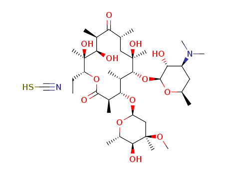 7704-67-8,Erythromycin thiocyanate,Erythromycin,thiocyanate (salt);Erythromycin, thiocyanate (salt);(3R,4S,5S,6R,7R,9R,11R,12R,13R,14R)-6-[(2S,3R,4S,6R)-4-dimethylamino-3-hydroxy-6-methyl-oxan-2-yl]oxy-14-ethyl-7,12,13-trihydroxy-4-[(2S,4R,5S,6S)-5-hydroxy-4-methoxy-4,6-dimethyl-oxan-2-yl]oxy-3,5,7,9,11,13-hexamethyl-1-oxacyclotetradecane-2,10-dione; thiocyanic acid;Erytrovet;Erythromycin Thiocyanate(veterinary medicine);Erythromycin Thiocynate;Erythromycine Thiocyanate;